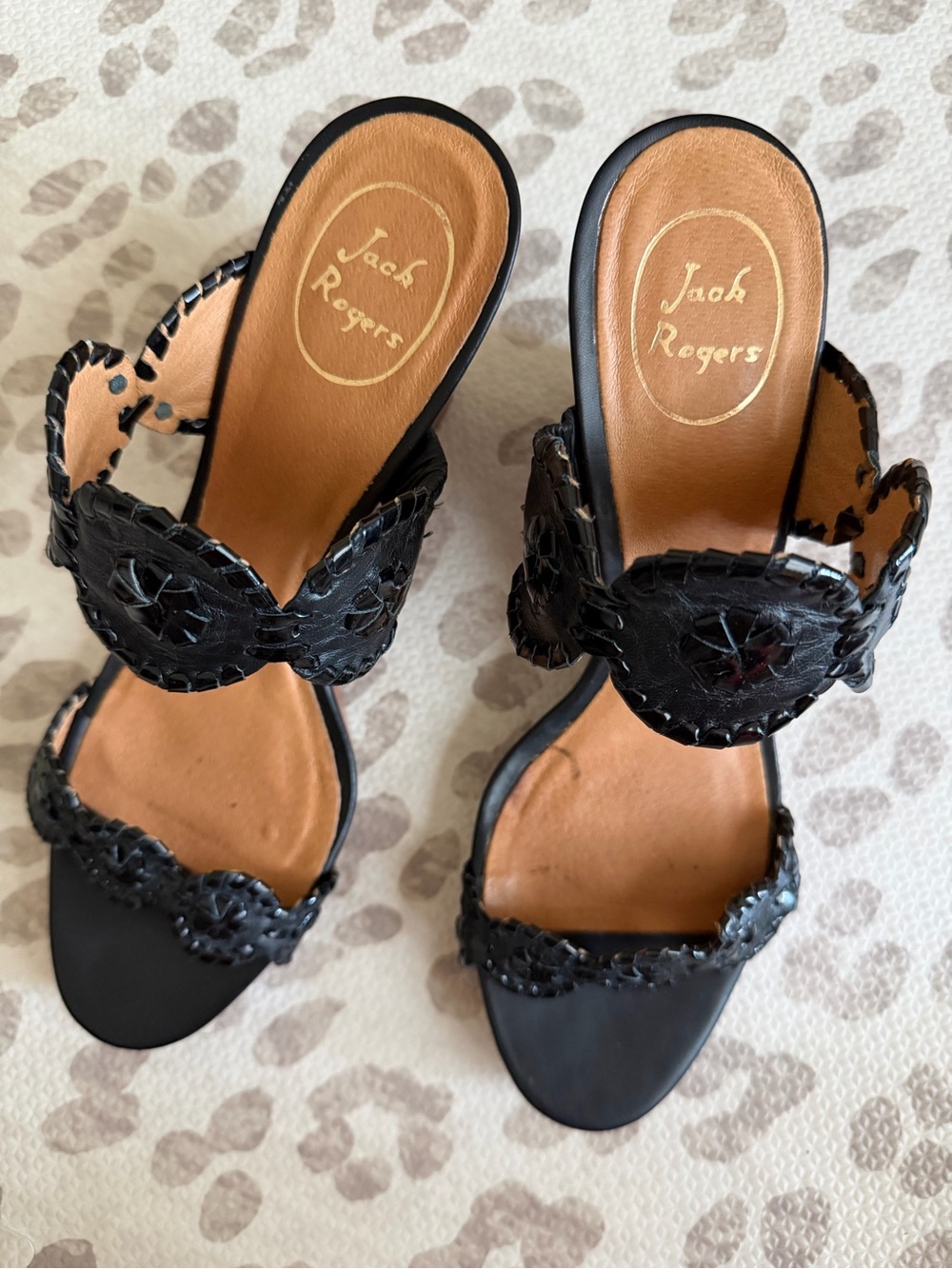 Jack Rogers Black Leather Woven Heel Sandals
